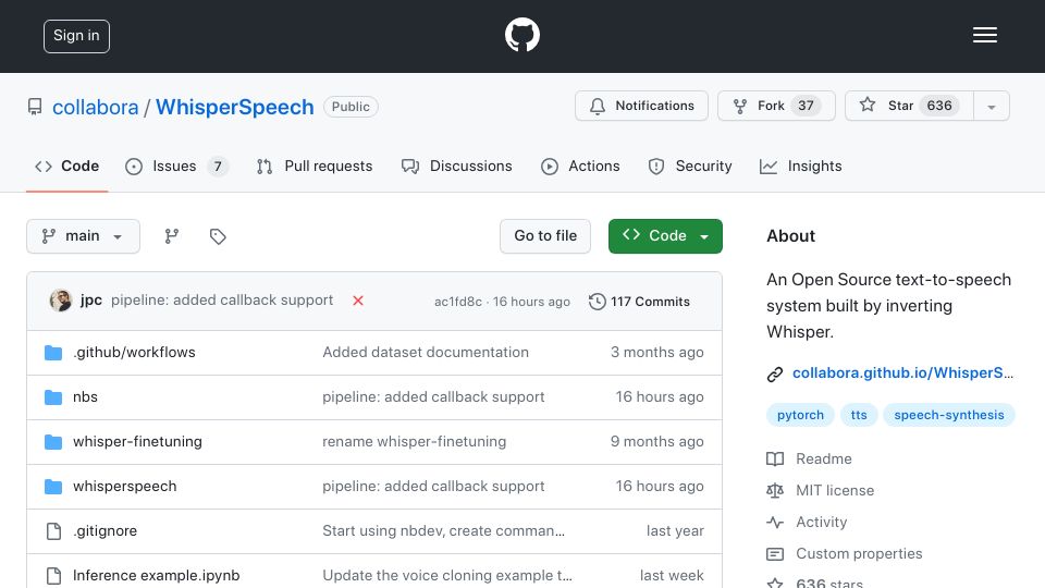Screenshot of github.com: WhisperSpeech – An open source text-to-speech system built by inverting Whisper