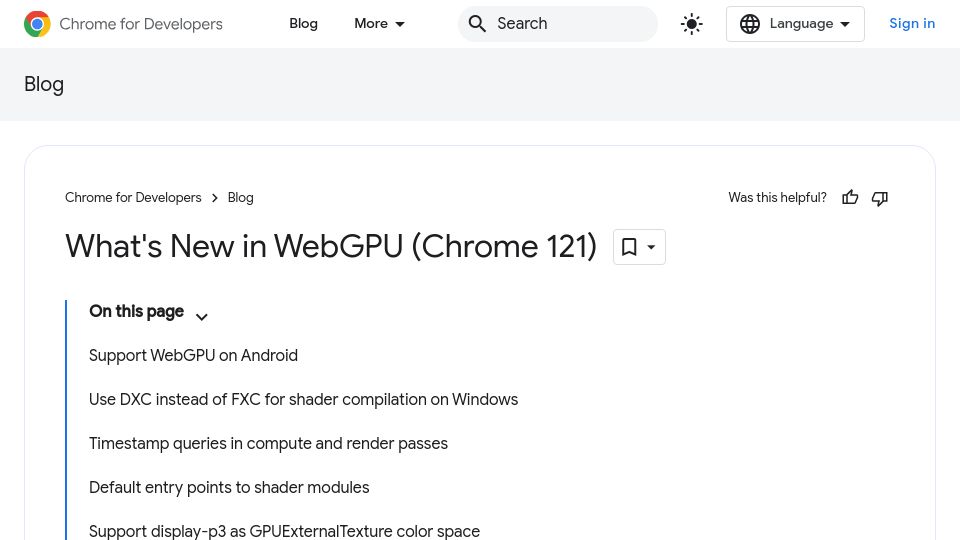 Screenshot of developer.chrome.com: WebGPU is now available on Android