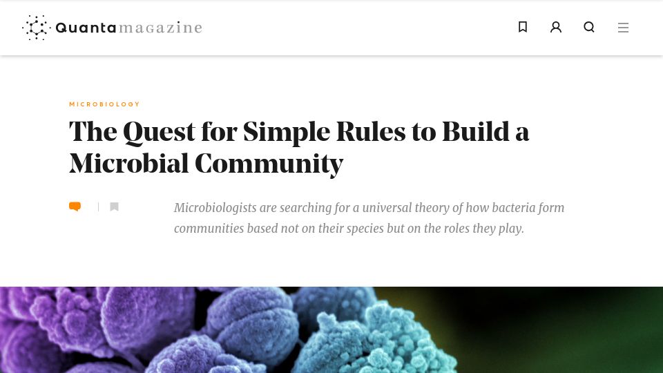 Screenshot of quantamagazine.org: The quest for simple rules to build a microbial community