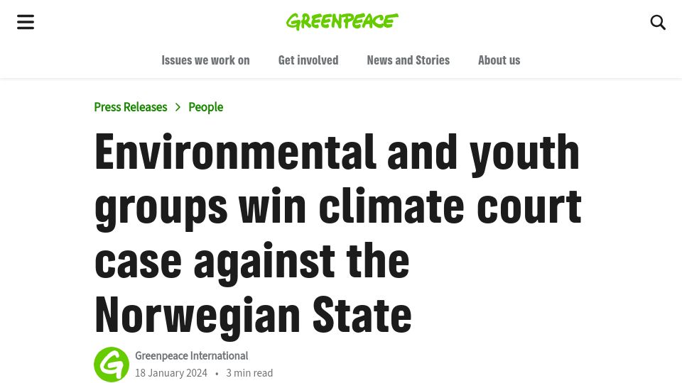 Screenshot of greenpeace.org: Norwegian youth win climate court case against the Norwegian State