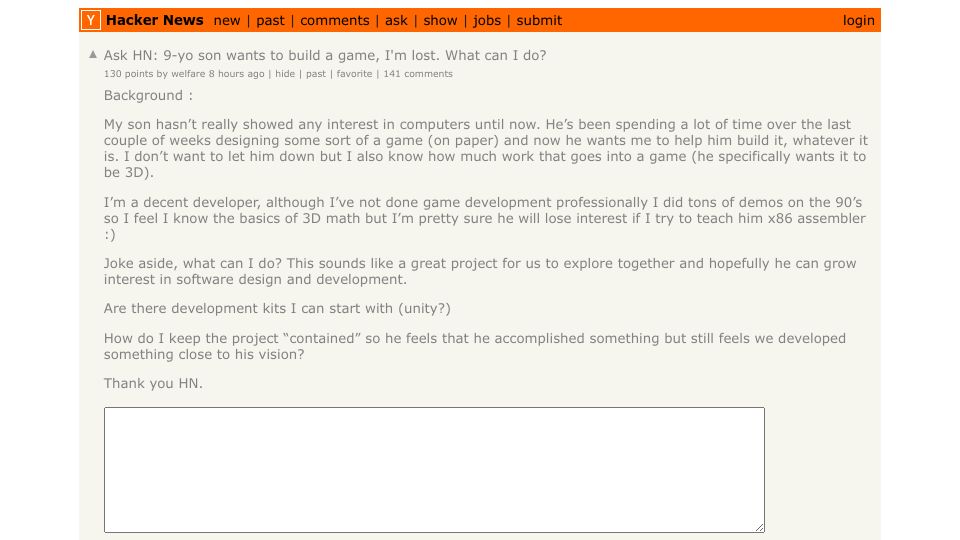 Screenshot of Hacker News post: Ask HN: 9-yo son wants to build a game, I'm lost. What can I do?