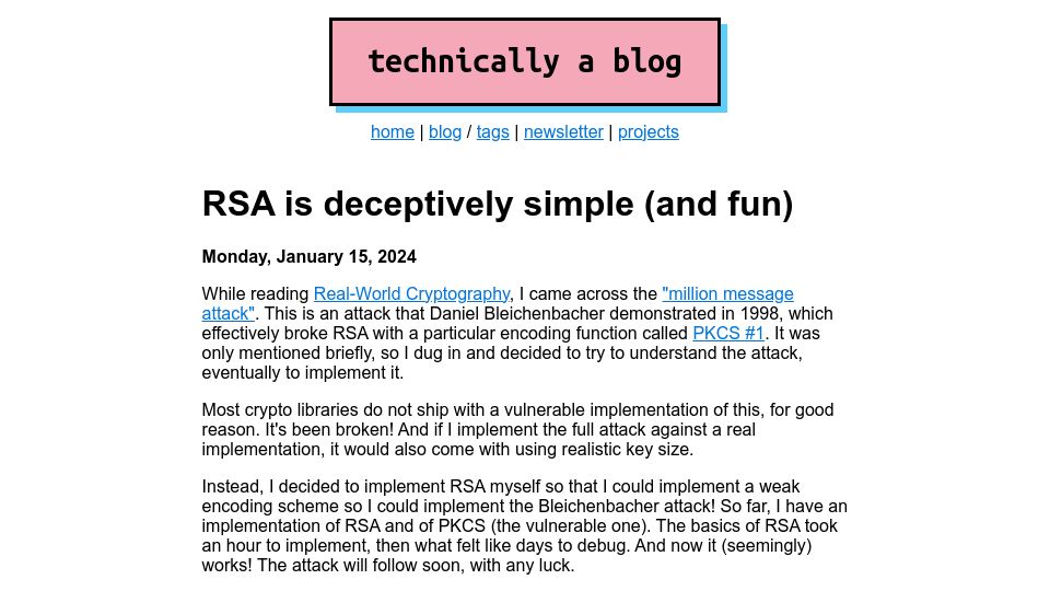 Screenshot of ntietz.com: RSA is deceptively simple and fun