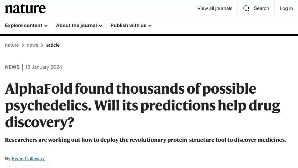 Screenshot of nature.com: AlphaFold Found Possible Psychedelics