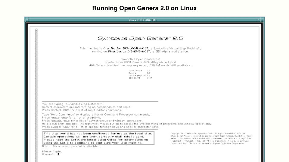 Screenshot of archives.loomcom.com: Running Open Genera 2.0 on Linux