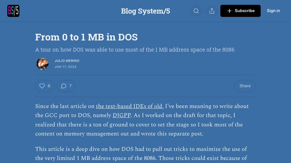Screenshot of blogsystem5.substack.com: How DOS was able to use most of the 1 MB address space of the 8086