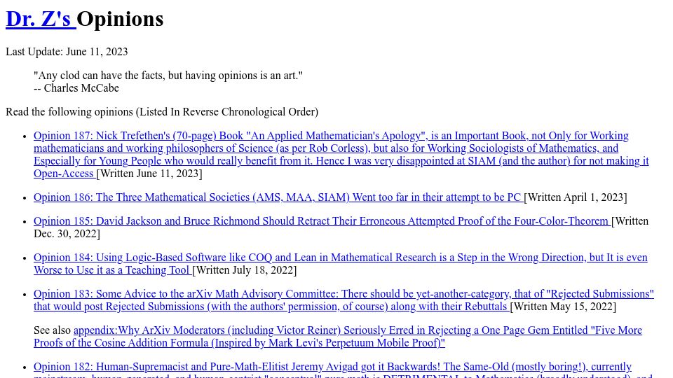 Screenshot of sites.math.rutgers.edu: Opinions of Doron Zeilberger
