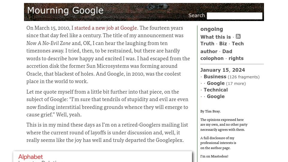 Screenshot of tbray.org: Mourning Google