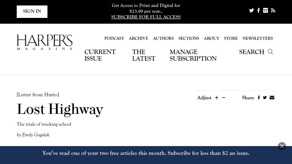 Screenshot of harpers.org: Lost Highway: The trials of trucking school