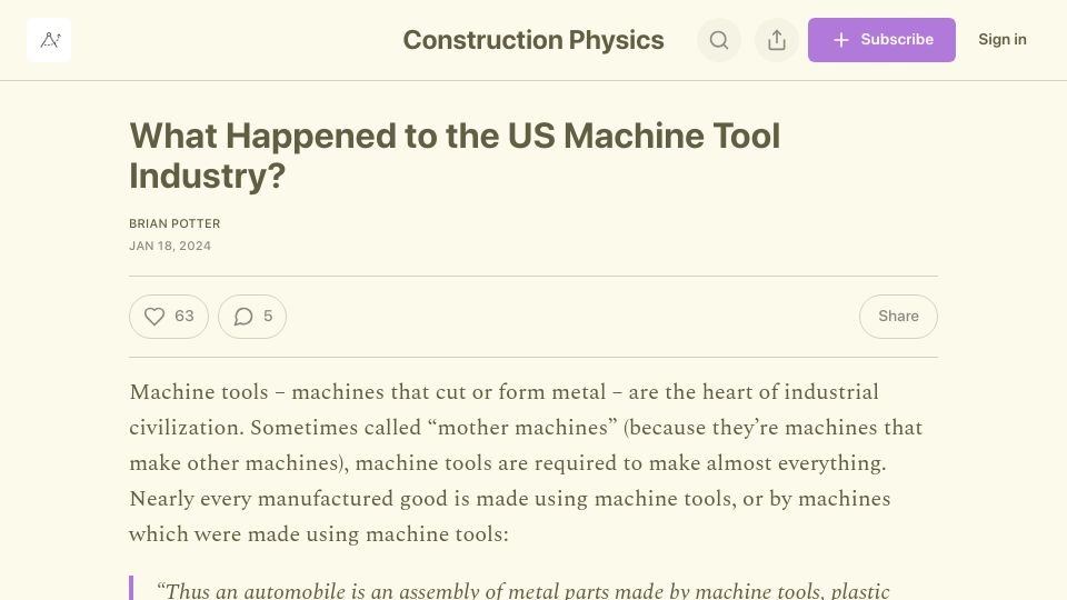 Screenshot of construction-physics.com: What happened to the US machine tool industry?