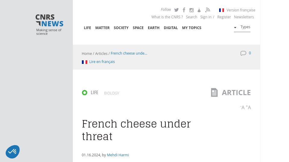 Screenshot of news.cnrs.fr: French cheese under threat from lack of microbial diversity