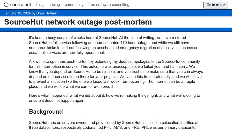 Screenshot of sourcehut.org: Sourcehut network outage post-mortem