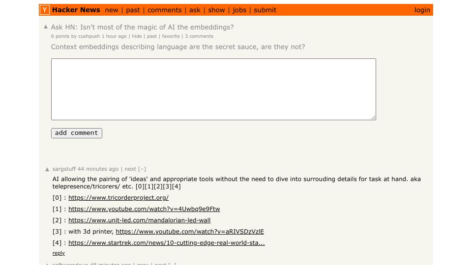 Screenshot of Hacker News post: Ask HN: Isn't most of the magic of AI the embeddings?