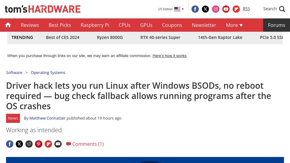 Screenshot of tomshardware.com: Driver hack lets you run Linux after Windows BSODs, no reboot required