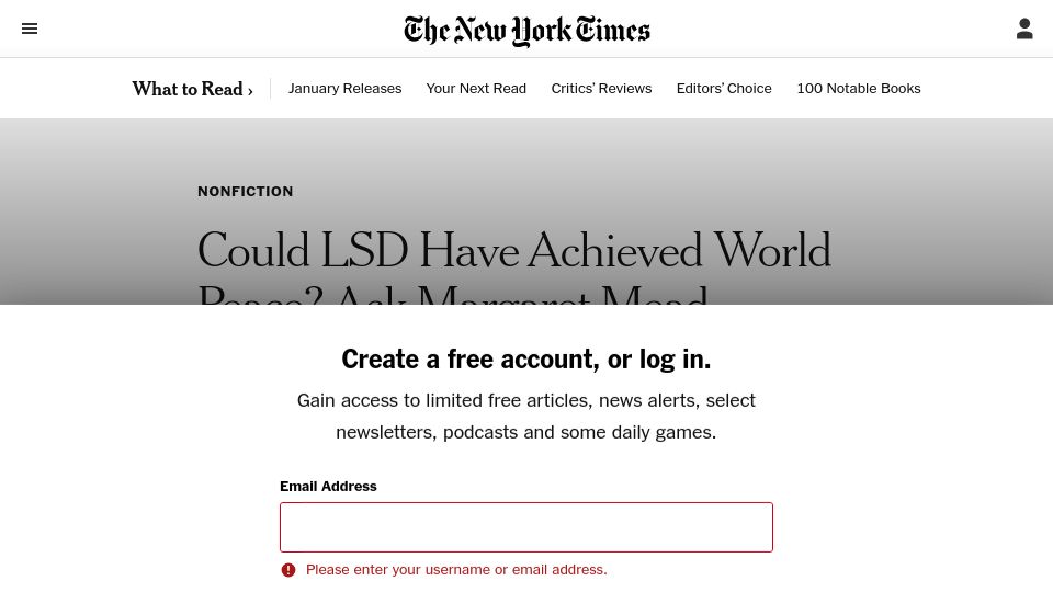 Screenshot of nytimes.com: Could LSD Have Achieved World Peace? Ask Margaret Mead