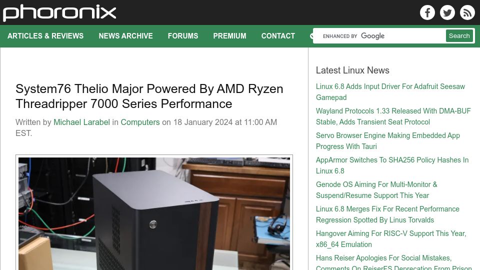 Screenshot of phoronix.com: System76 Thelio Major Powered by AMD Ryzen Threadripper 7000 Series Performance