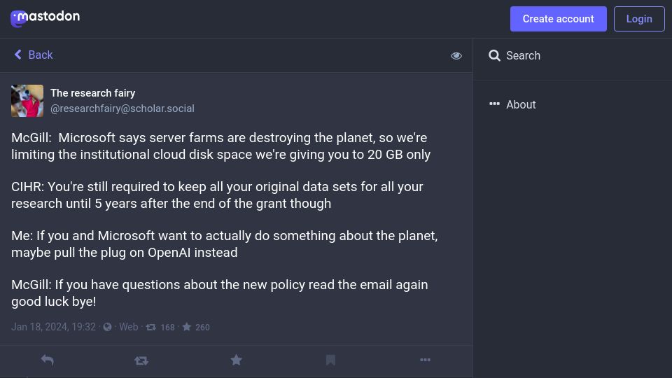Screenshot of scholar.social: Microsoft limits institutional cloud storage space for environmental reasons