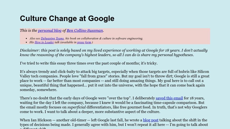 Screenshot of social.clawhammer.net: Culture Change at Google