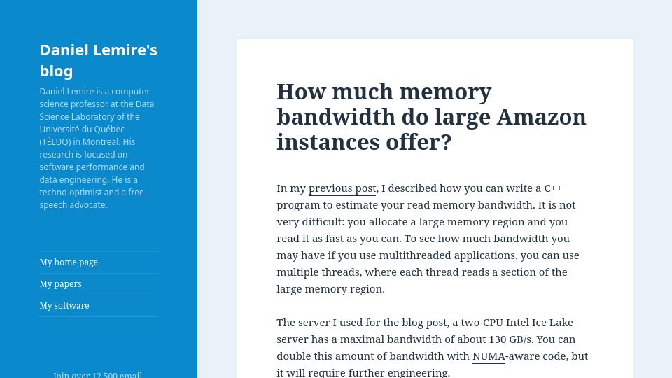 Screenshot of lemire.me: How much memory bandwidth do large Amazon instances offer?