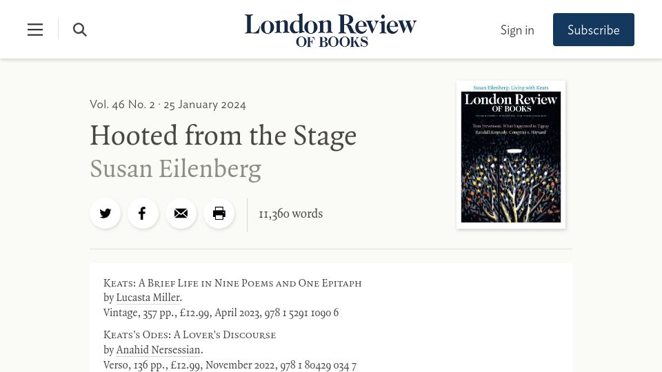 Screenshot of lrb.co.uk: Hooted from the Stage: review of two new books on Keats