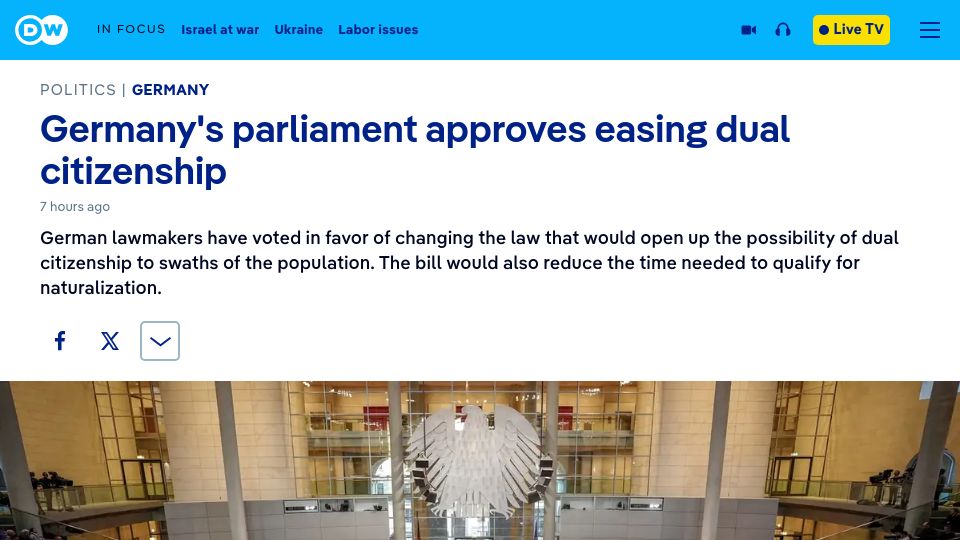 Screenshot of dw.com: Germany Reforms Citizenship Law