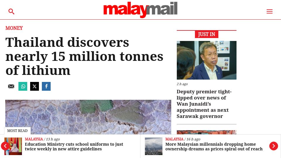 Screenshot of malaymail.com: Thailand discovers nearly 15M tonnes of lithium