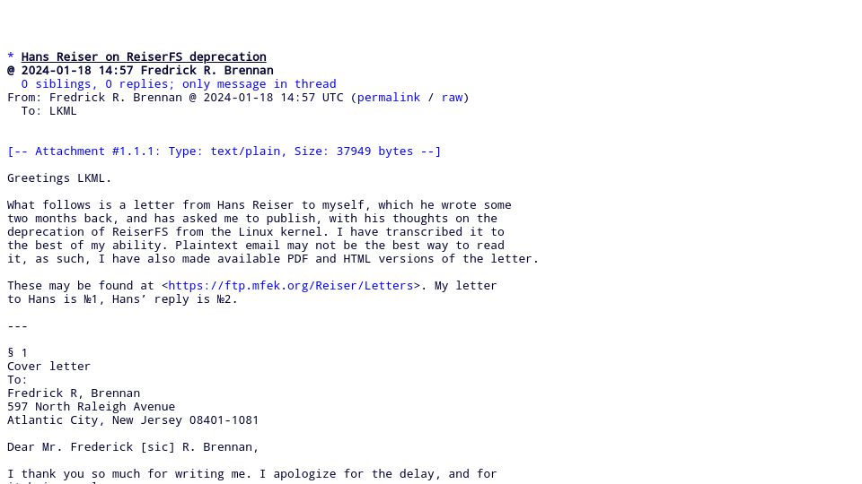 Screenshot of lore.kernel.org: Hans Reiser on ReiserFS Deprecation