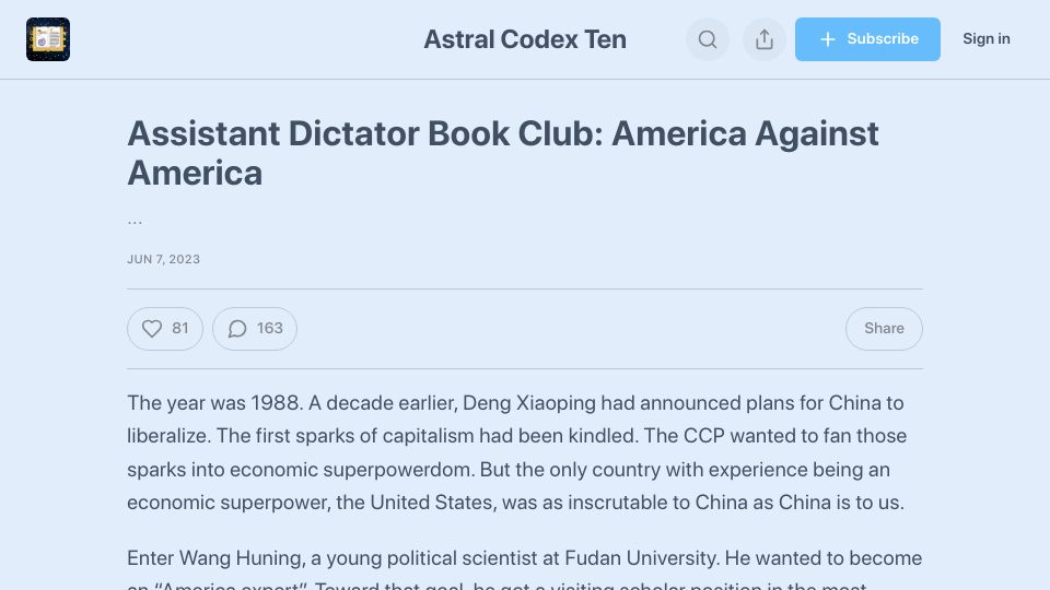 Screenshot of astralcodexten.com: Assistant Dictator Book Club: America Against America