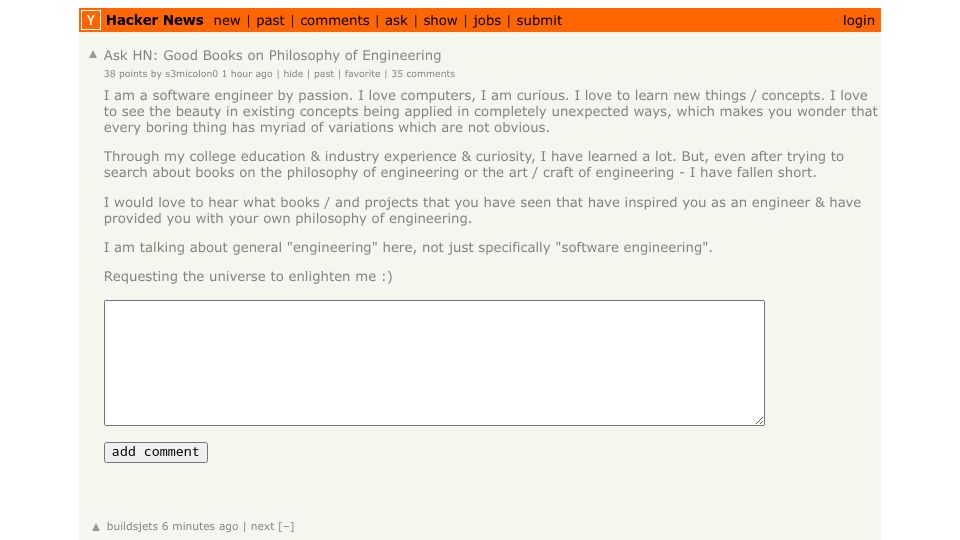 Screenshot of Hacker News post: Ask HN: Good books on philosophy of engineering?