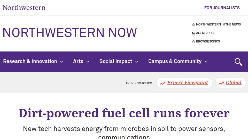 Screenshot of news.northwestern.edu: A fuel cell that harvests energy from microbes living in dirt