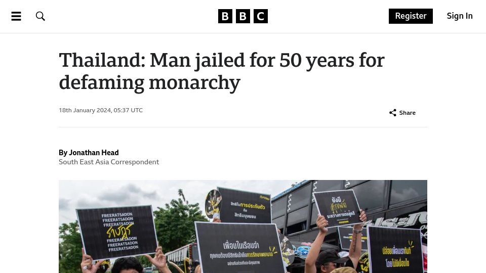 Screenshot of bbc.com: Thailand: Man jailed for 50 years for defaming monarchy