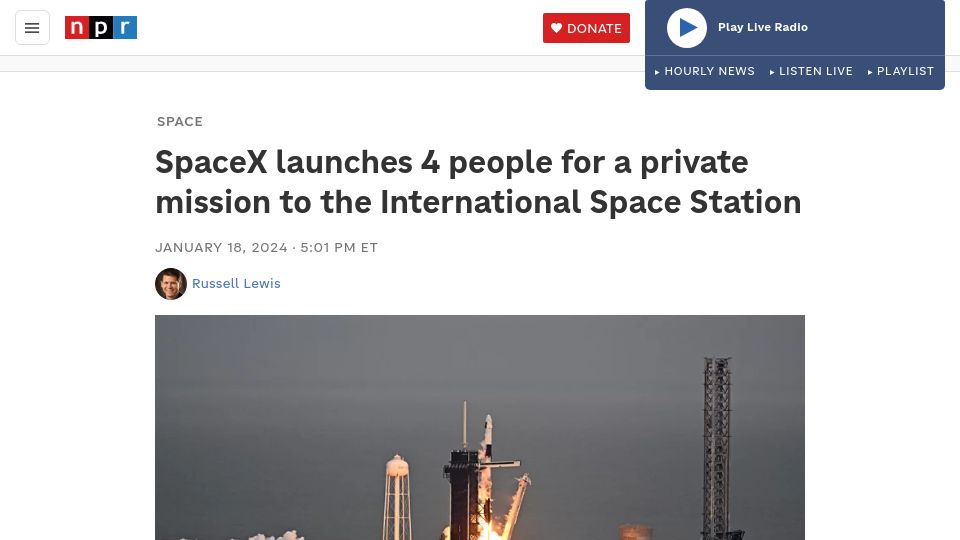 Screenshot of npr.org: SpaceX launches 4 people for private mission to the International Space Station