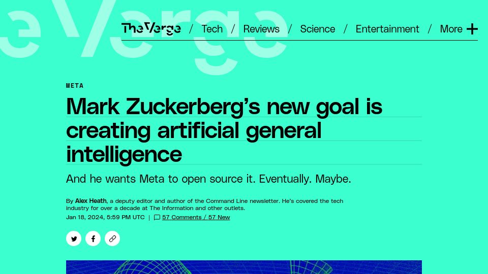 Screenshot of theverge.com: Mark Zuckerberg’s new goal is creating artificial general intelligence