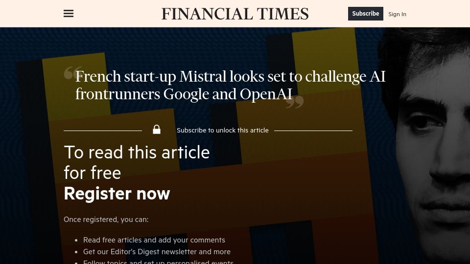 Screenshot of ft.com: Mistral looks set to challenge AI frontrunners Google and OpenAI