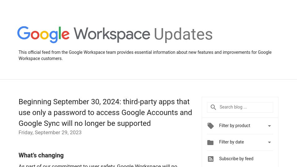 Screenshot of workspaceupdates.googleblog.com: Winding down Google Sync and Less Secure Apps support