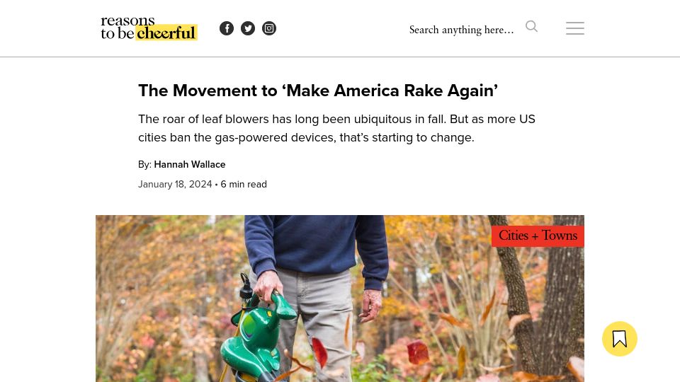 Screenshot of reasonstobecheerful.world: Some U.S. cities are banning gas-powered leaf blowers