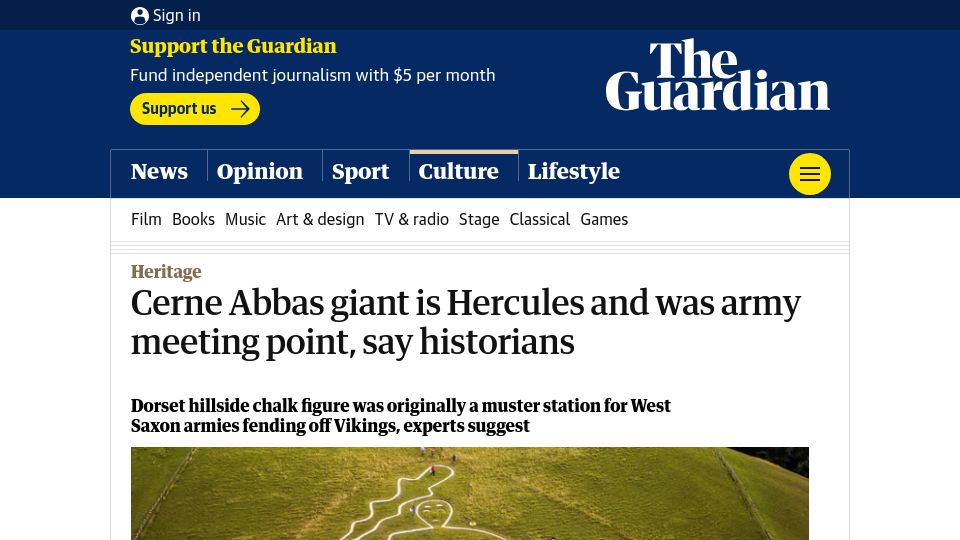 Screenshot of theguardian.com: Cerne Abbas giant is Hercules and was army meeting point, say historians