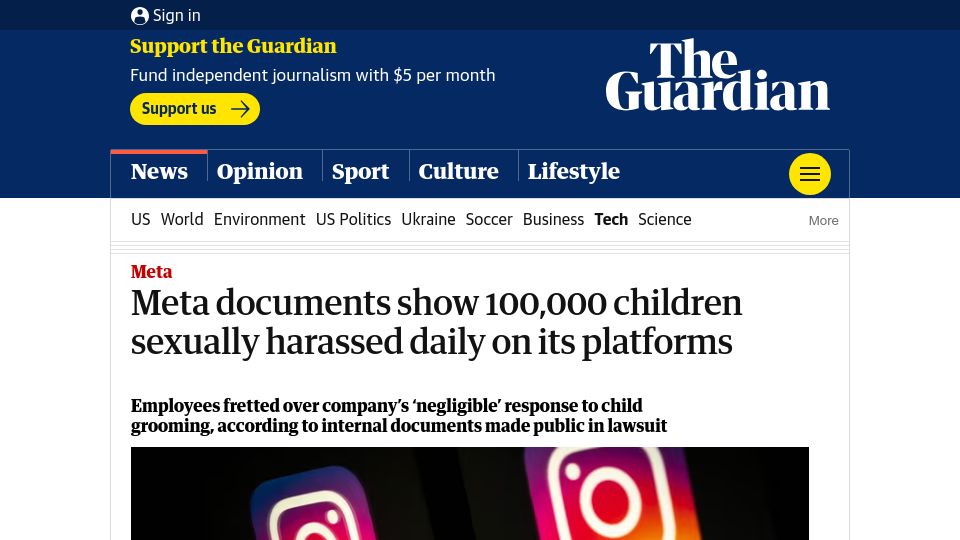 Screenshot of theguardian.com: Meta documents show 100k children sexually harassed daily on its platforms