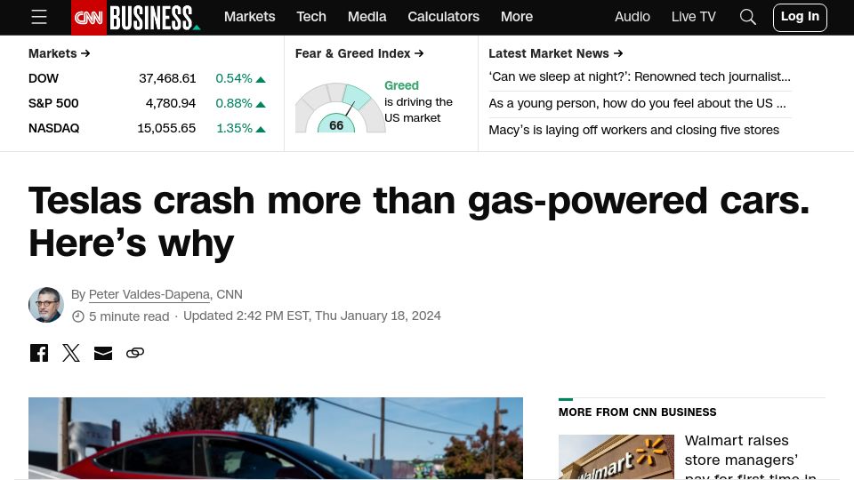 Screenshot of cnn.com: Teslas crash more than gas-powered cars. Here's why