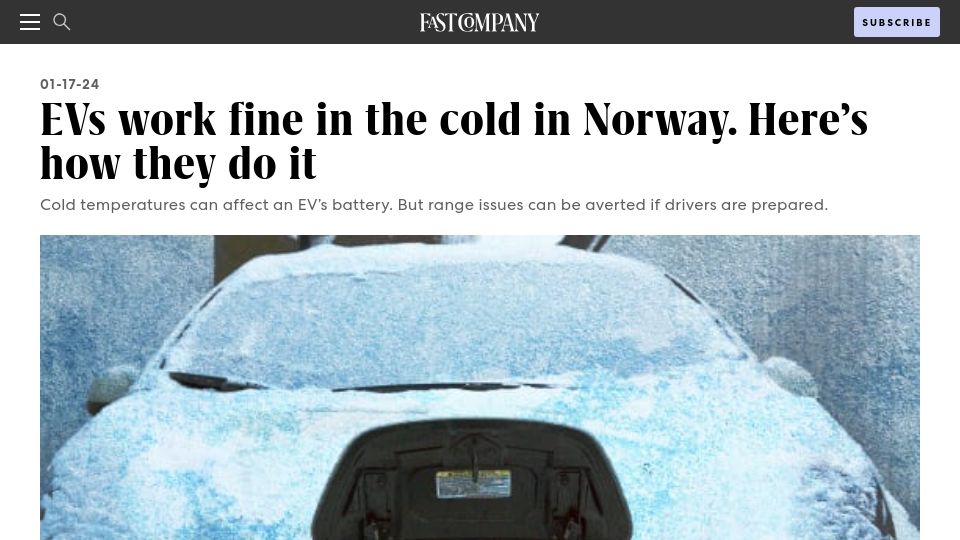 Screenshot of fastcompany.com: EVs work fine in the cold in Norway