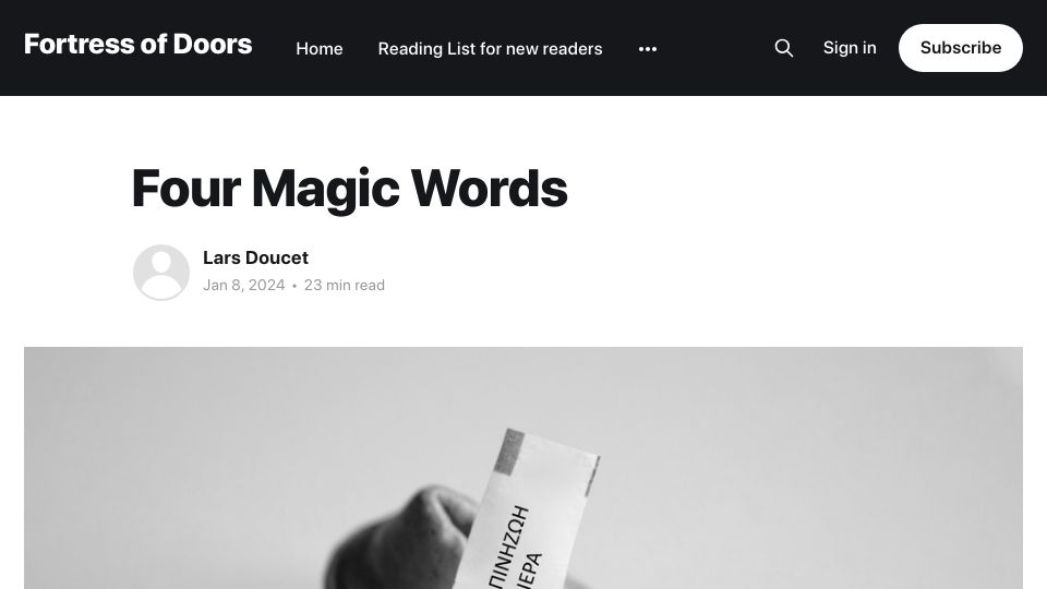 Screenshot of fortressofdoors.com: Four Magic Words