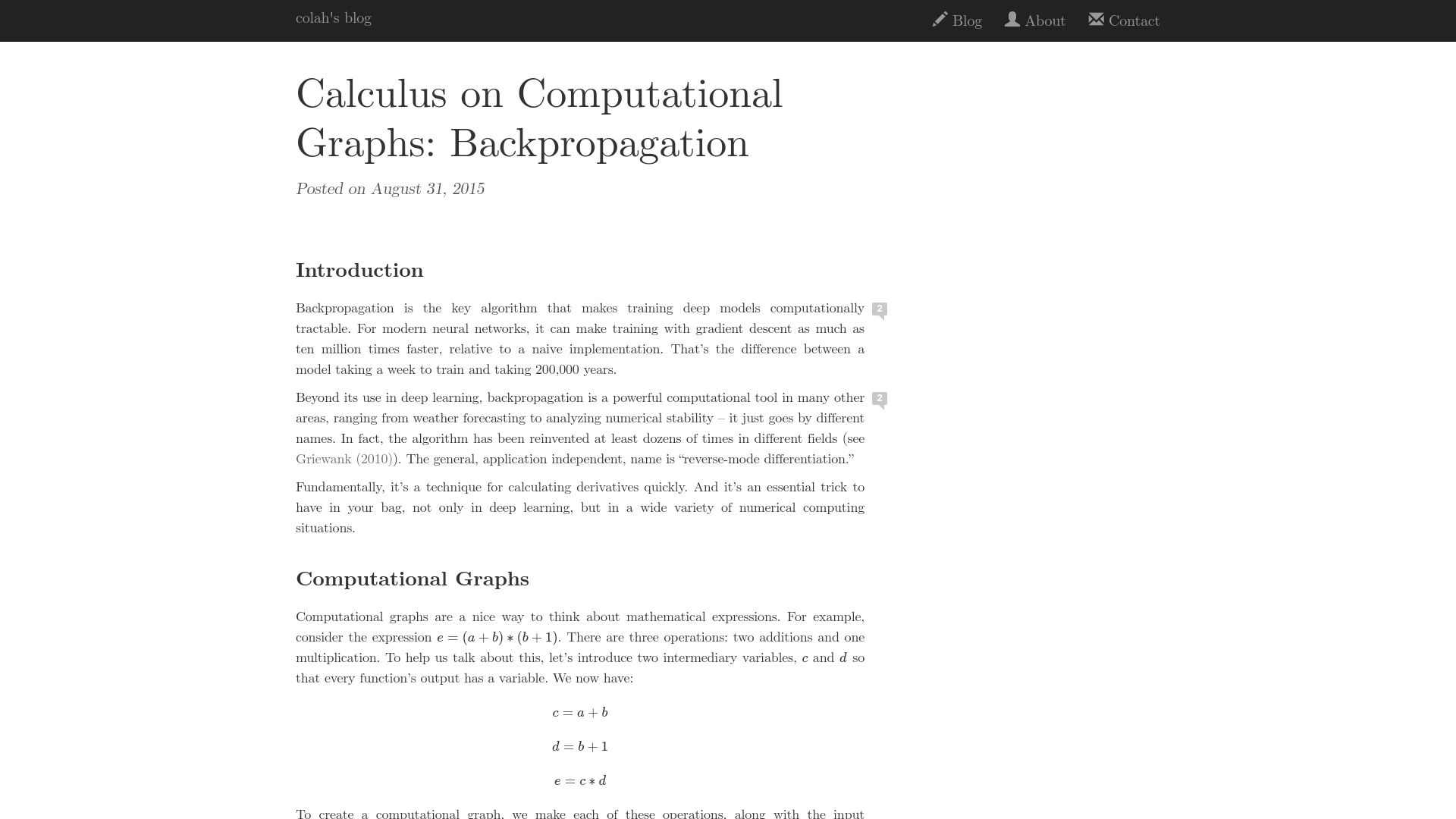 Screenshot of colah.github.io: Calculus on Computational Graphs: Backpropagation (2015)