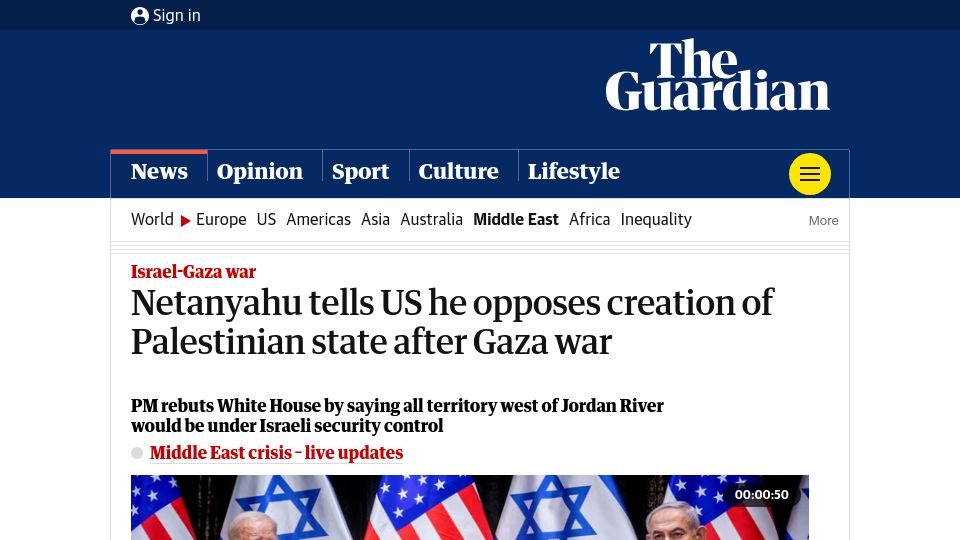 Screenshot of theguardian.com: Netanyahu tells US he opposes creation of Palestinian state after Gaza war
