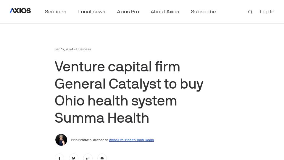 Screenshot of axios.com: Venture capital firm General Catalyst to buy Ohio health system Summa Health