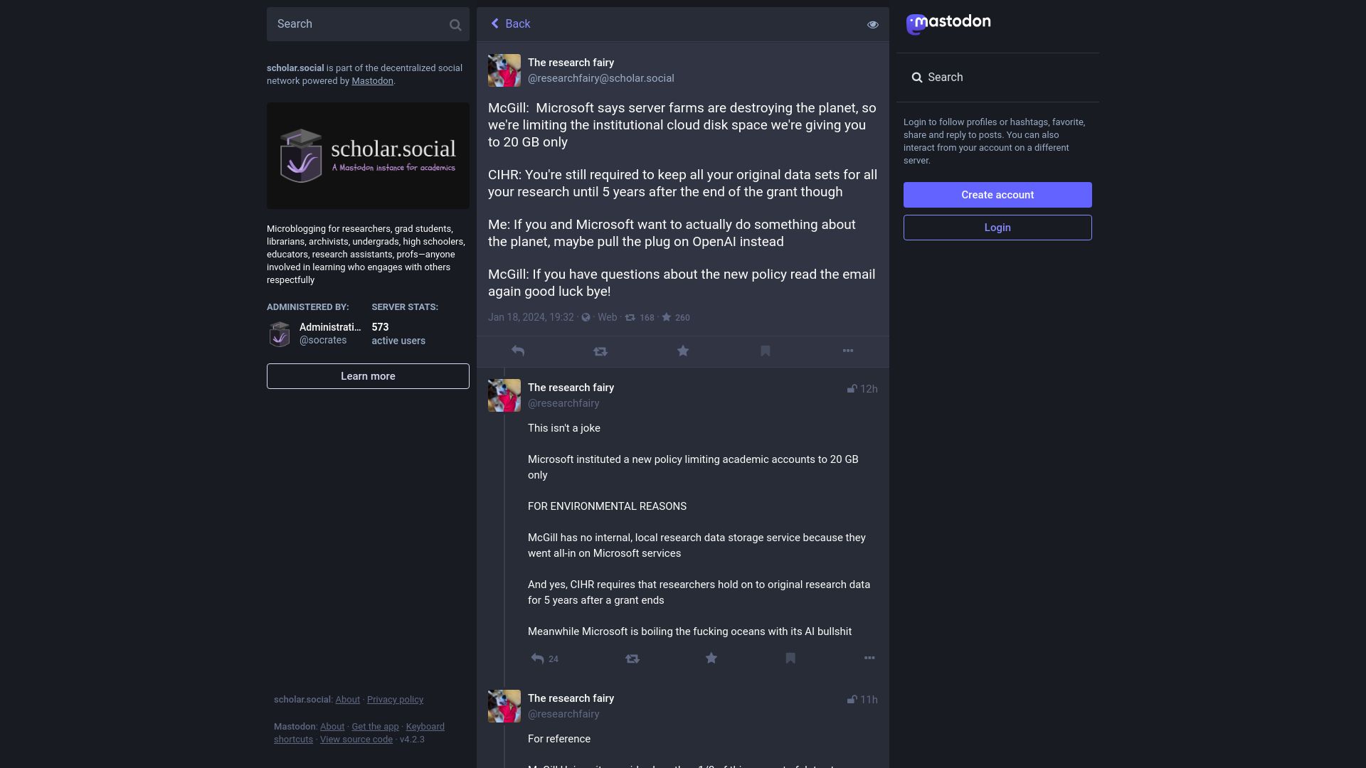 Screenshot of scholar.social: Microsoft limits institutional cloud storage space for environmental reasons