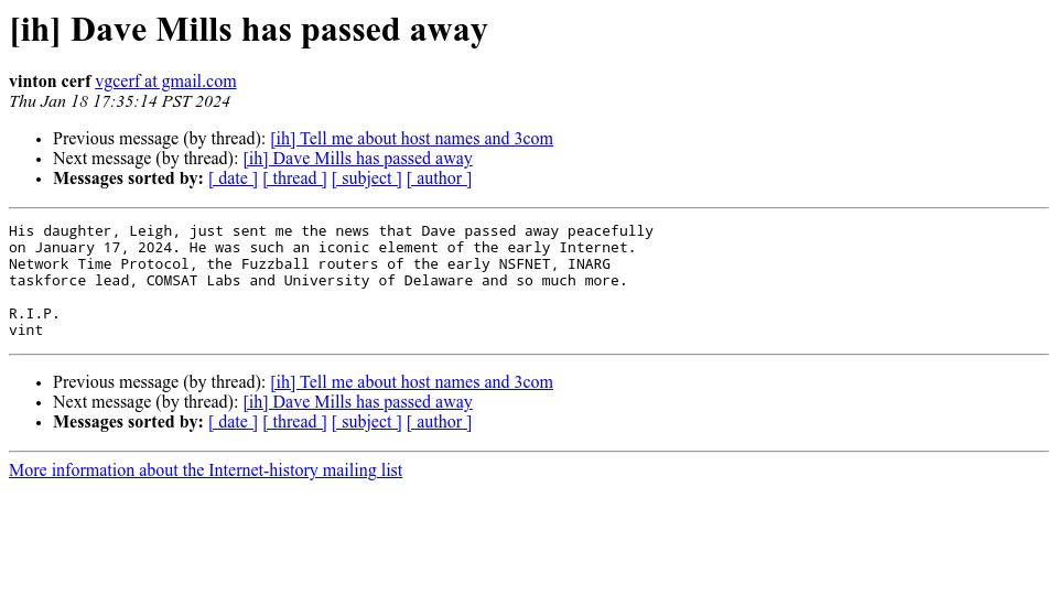 Screenshot of elists.isoc.org: Dave Mills has died