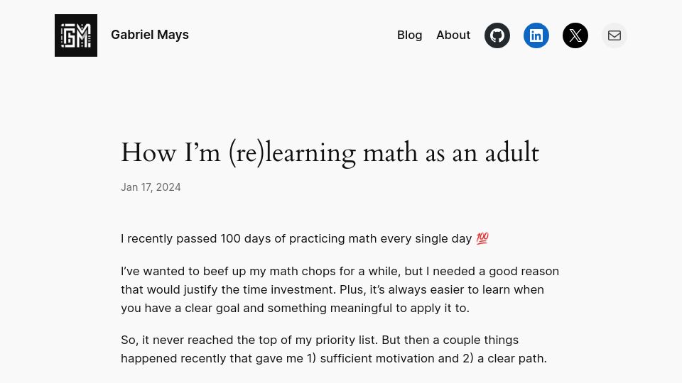 Screenshot of gmays.com: Relearning math as an adult