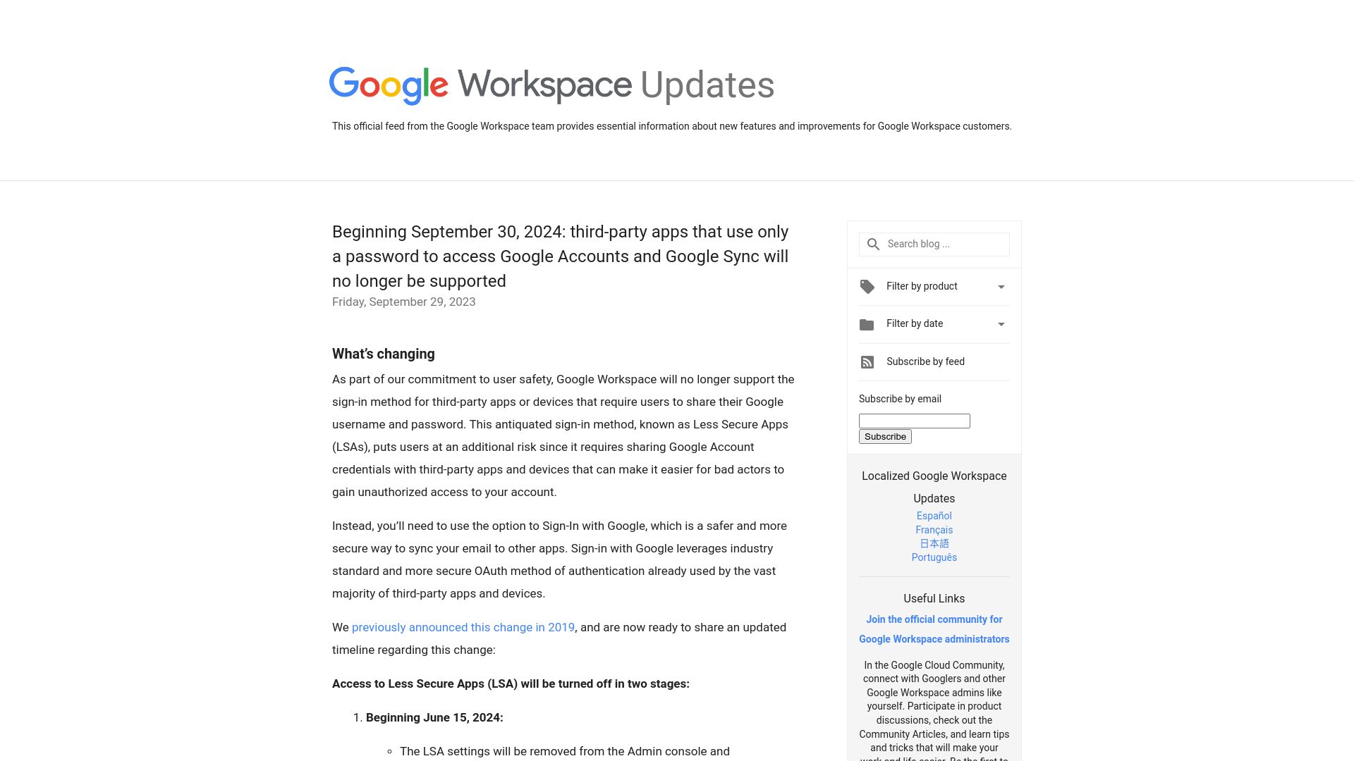 Screenshot of workspaceupdates.googleblog.com: Winding down Google Sync and Less Secure Apps support