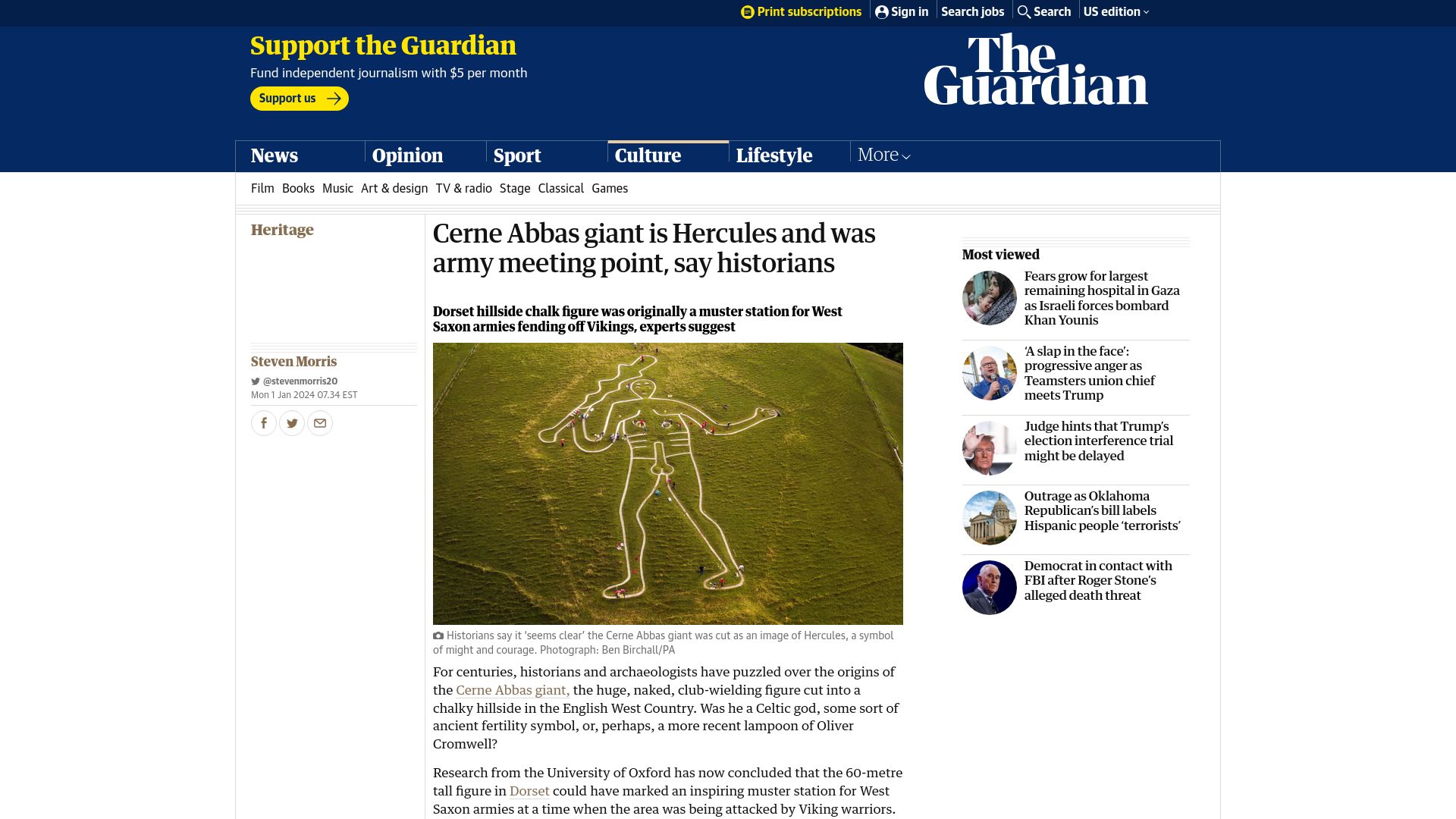 Screenshot of theguardian.com: Cerne Abbas giant is Hercules and was army meeting point, say historians