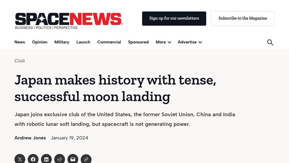 Screenshot of spacenews.com: Japan's SLIM spacecraft lands on the moon but is not generating power