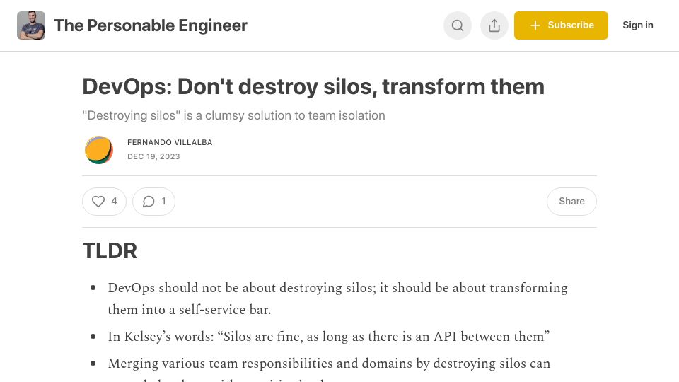 Screenshot of fernandovillalba.substack.com: Silos are fine, as long as there is an API between them